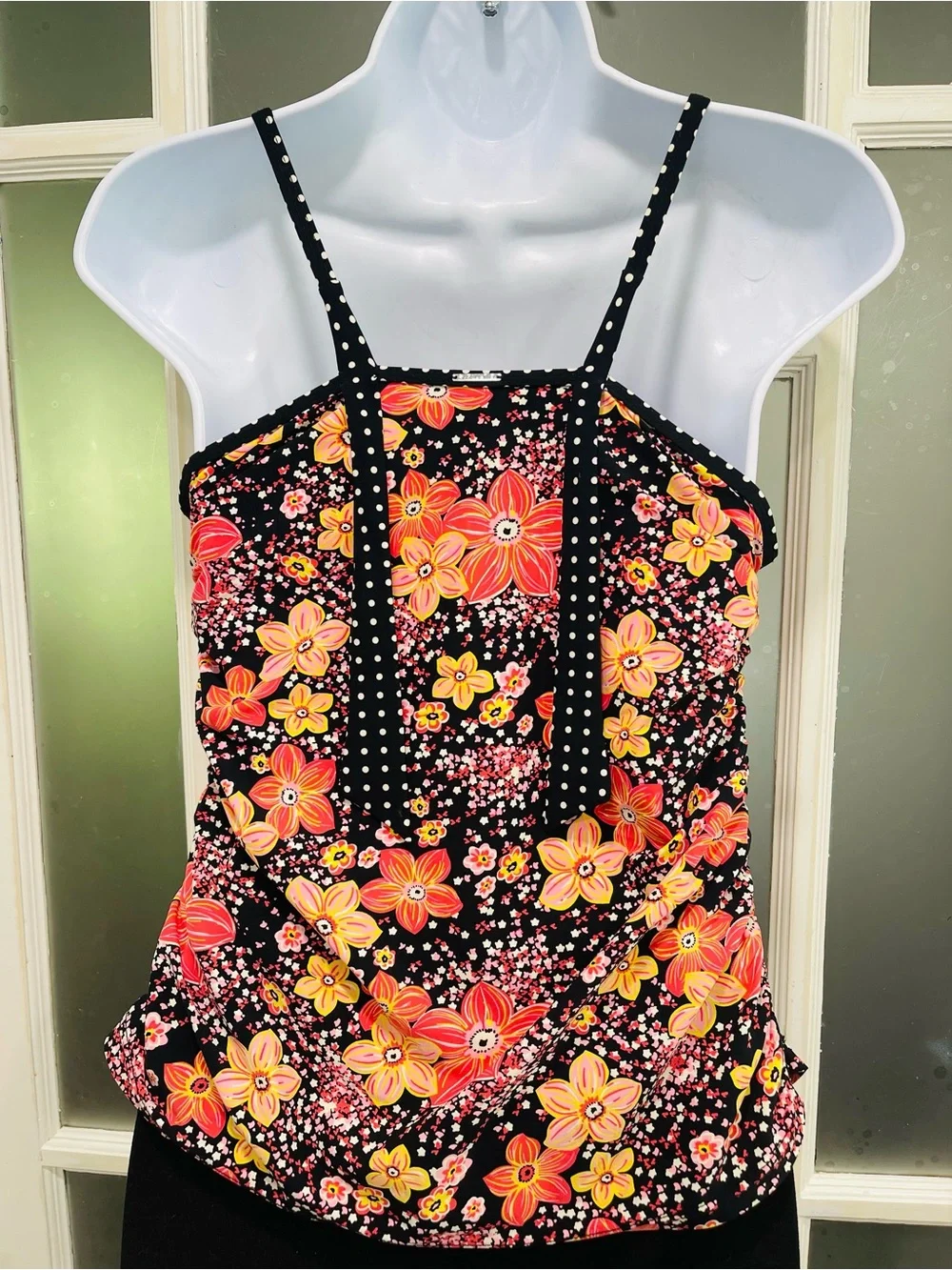 Black Floral V-Neck Swim Tankini with Orange & Yellow Flowers - Picture 2 of 3